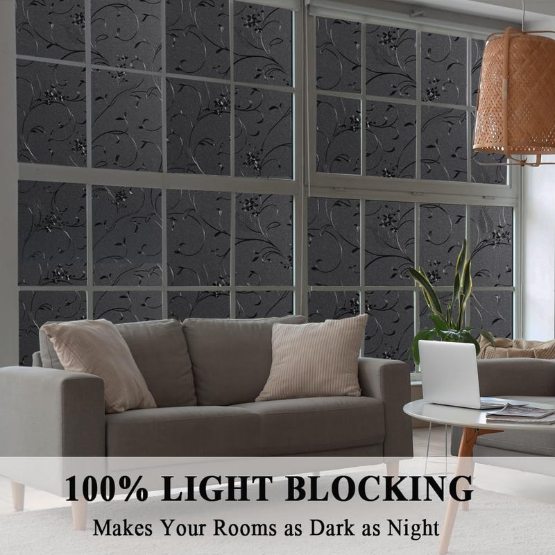 Mikomer Total Blackout Window Film,100% Light Blocking Privacy Glass Door Film Etched Flowers,Room Darkening Window Cling,No Glue/Heat Control/Anti UV for Day Sleep & High Privacy,35In. by 157In. - Image 3